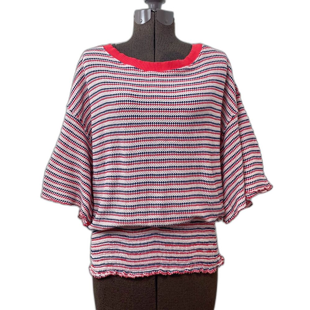 We The Free Bell Sleeve Smock Knit Top Red Blue Sz Medium